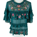 Lulumari  Teal Sheer Ruffle Blouse Floral Embroidered Boho Festival‎ Top Medium Photo 0