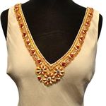 Cache  Beige Plunging Double V Neck Silk Bead Embellished Top Lined $128 NWT New Photo 0