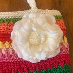 Lina Shoulder Bag Colorful Rainbow Stripe Crochet with Floral Pin Zipper Pull Red Photo 2