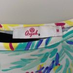 Aryeh Womens Tropical Ruffle Trim Tie Belt Stretch Romper Multicolor Medium Photo 6