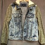 Rue 21 Blue Denim Jacket Knit Sleeves Hooded Womens Large Photo 1