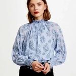 Rebecca Taylor ✨ Smocked Neck Silk Rose Print Sz. 10 Blouse Light Blue Metallic✨ Photo 2
