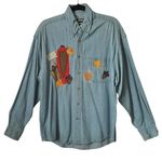 Denim Embroidered fall design Outrageous Sports Button front shirt. SZ. M. Blue Size M Photo 0