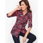 Talbots Womens Classic Cotton Button Down Shirt Picnic Paisley Navy Red Size SP Photo 3