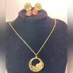 Pink Porcelain Rose Pendant Necklace gold chain 2 sets of Earrings yellow purple Photo 0
