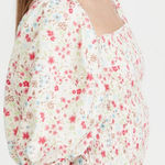 Sokie Collective White Puff Sleeve Ditsy Floral Smocked Top Size M Photo 0