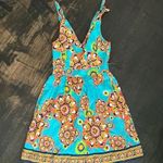 Trina Turk 100% Silk Turquoise Blue Medallion A-Line V Neck Dress Women's Size 6 Photo 0