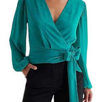 EXPRESS  Teal Green Textured Wrap With Side Tie Long Sleeve Blouse NWT Small Photo 0