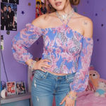 Venus Y2K Pink Blue Leopard Cut Out Tie Front Smocked Off the Shoulder Blouse Photo 0