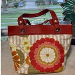Spartina 449 Womens Size Tote Bag Floral Print Red Canvas Linen Leather Garden C Photo 0