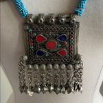 Vintage Kuchi Coin Tribal Box Pendant Necklace Bohemian Silver and Blue Beaded Photo 1