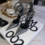 Versace  Pin-Point Gray Leather Pumps Mixed Metal Stiletto Heels Buckle Straps Photo 8