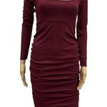 SheIn  Burgundy Ribbed Side Ruched Long Sleeve Tie Back Midi Dress Womens Small Photo 0