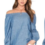 Free People  Shirt Women XS Blue Off The Shoulder Chambray Tie Cuff Top Boho Photo 0