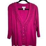 Caribbean Joe Women Blouse Red Cranberry Ruffle Detail Size Large V Neck Button Photo 0