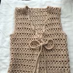Unique 90s Tan and cream boho hippie cottagecore crochet vest top with tie up front Photo 0