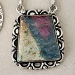 Silver Plate Chain Necklace with Red Onyz and Ruby in Fuchsite Pendant Earrings Photo 3