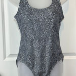 NWT Nicole Miller Women Scoop Neck Swimsuit Black White Palm Large One Piece Photo 0