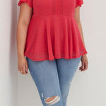 Torrid  Womens Blouse 2 2X 18 20 Viva Magenta Peplum‎ Chiffon Clip Dot Lace Inset Photo 0