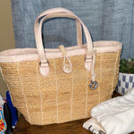 Brighton  Straw Wicker Tote‎ Bag Purse Heart Charm Beige Leather Trim Photo 0