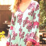 Velzera Mini Dress Tunic Green Pink Paisley Crochet Fringe Bell Sleeves SZ LG Photo 0