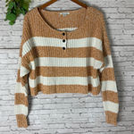 American Eagle  Neutrals Bold Stripe Cropped Henley Knit Sweater Photo 0