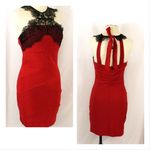 Emerald Sundae Retro Pinup Style Body Con Sexy Red Dress with Halter and Lace Detailing Photo 1