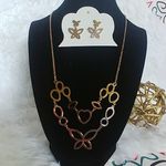 14k Rose Gold Steel Butterfly Necklace Earrings Set Pink Photo 0