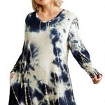 Umgee  Blue and White Bishop Sleeve Sweater Dress NWT L Photo 0