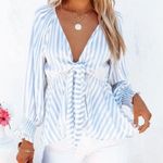 Flawless White & Blue Stripe Blouse with Keyhole Cut out Photo 1