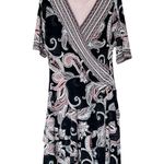 Robbie Bee Signature  Dress XL Black Paisley Faux Wrap Stretch Midi Tiered NWT Photo 0