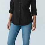 EXPRESS Womens The Essential Button Up Shirt Long Roll Tab Sleeve Black Size XS Photo 0