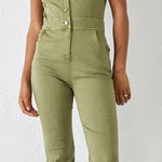 Urban Outfitters  Emma Denim Flared Jumpsuit Women S Olive Green Utility Stretch Photo 0