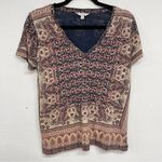 Lucky Brand Brown & Cream Printed Short Sleeve Blouse Womens S Boho Casual Photo 0