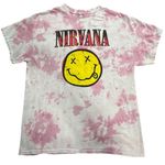Nirvana T-Shirt Womens L Smiley Graphic Pink Yellow Tie Dye Retro Grunge Band Photo 0