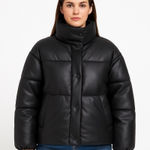 2010s NVLT Black Faux Leather Puffer Jacket Matte Finish Snap Closing Large Photo 0