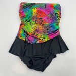 Vintage 80s Swimsuit Strapless Rainbow Lisa Frank Style Floral Black Skirt Women Photo 0