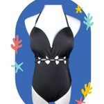 Shade & Shore Black plunge Halter One piece Swimsuit 34C NWT Peekaboo Woven Sexy Photo 3