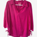 Isaac Mizrahi  size L Pink Magenta 100% Linen 3/4 Sleeve Collar Popover Top NWOT Photo 0