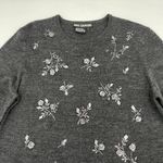 Nina Leonard Vintage 90s Sweater Ribbon Embroidery Roses Floral Gray Acrylic Wool Women Large Photo 2