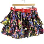 Caroline Constas Reign Black Multi Floral Tiered Ruffle Belted Mini Skirt XL Photo 1