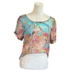 Women’s Lace Back Sheer Blouse Crop Sz L Blue Floral Flowy Prairie Fairy Top Size L Photo 0