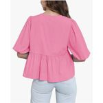 NEW Tie Front Top Babydoll Puff Short Sleeve Blouse 100% Cotton Shirt L Pink Size L Photo 2