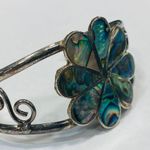 Silver Color Cuff Bracelet Abalone Shell Inlay Flower Shape Center Signed Photo 11