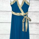 BCBG Paris Teal Blue & Shimmery Gold Belted Halter Mini Dress Size 4 Small Photo 2
