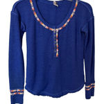Free People Royal Blue Rainbow Embroidered Henley Thermal Top Boho Small Photo 0