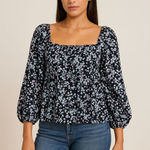 Sanctuary  Floral Boho Puff 3/4 Sleeve Crop Blouse Square Neck Peasant Top Sz M Photo 0