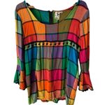 Stella & Dot VTG Stella Women's Top L Rainbow Plaid Boho Festival Tunic Bell Sleeve Zip Back Photo 0