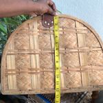 Large Vintage Gingham plaid wooden wicker woven picnic basket handbag duffle suitcase carryon leather handles #cottagecore #fairy #boho #indie Photo 3