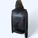 Black velour vintage 2000s Hustler hoodie with rhinestone logo Size Small Blue Photo 2